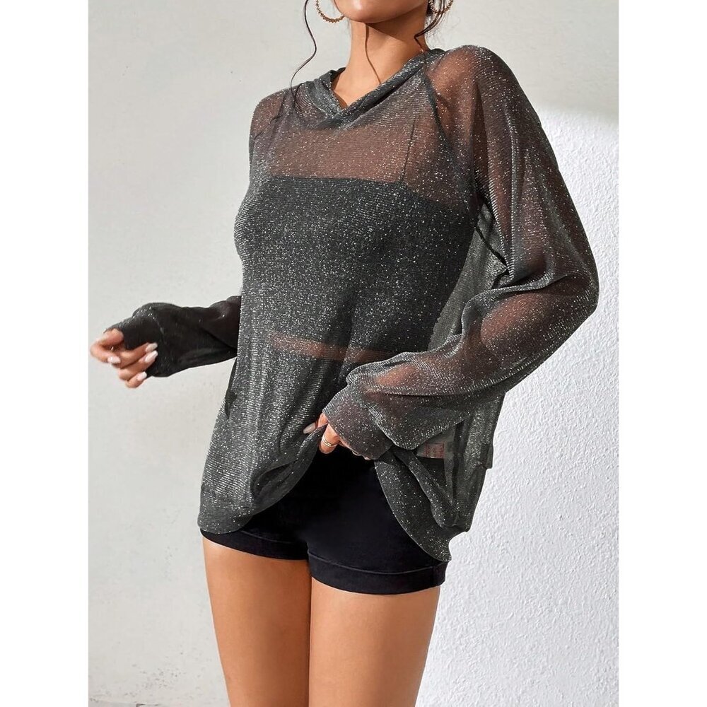 Women's Glitter Sheer Mesh Long Sleeve Oversized Pullover Hoodie Top - Picture 3 of 5